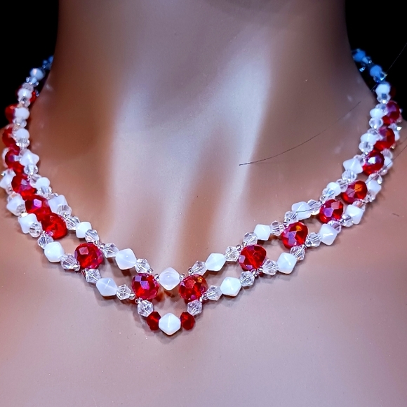 New,Crystal Necklace and earrings, Red , white and clear crystals double strand - Picture 2 of 5